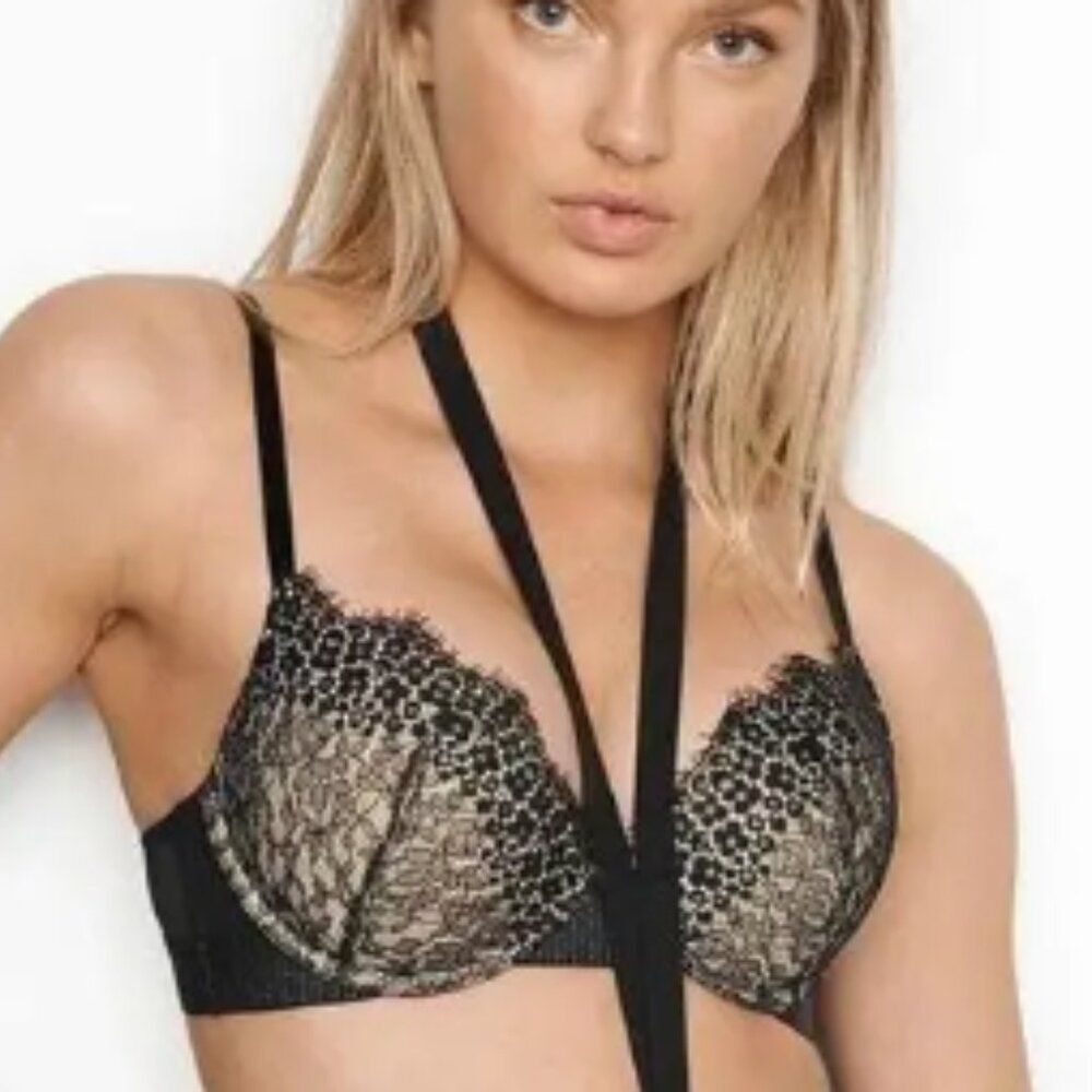 Victoria Secret Push-Up Bra Women 36D Black Lace Underwire Lingerie‎ 398450-JTX